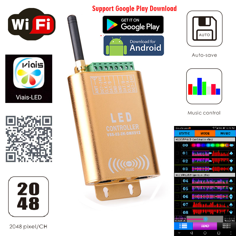 DC7-24V Double Channels 2048 pixels LED WIFI SPI Music Spectrum Android Controller For WS2812B, SK6812 RGB/RGBW Addressable LED Strip Lights APP Support Input Content DC7-24V Double Channels 2048 pixels LED WIFI SPI Music Spectrum Android Controller For WS2812B, SK6812 RGB/RGBW Addressable LED Strip Lights APP Support Input Content